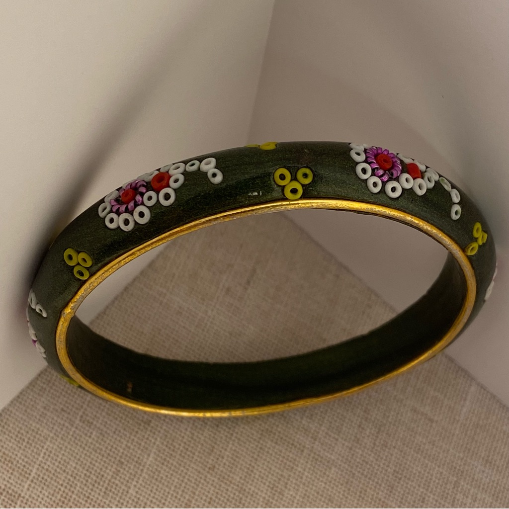 Vintage Bangle Bracelet Green With Gold Pink Floral Bead Beadwork 70s Boho Chic
